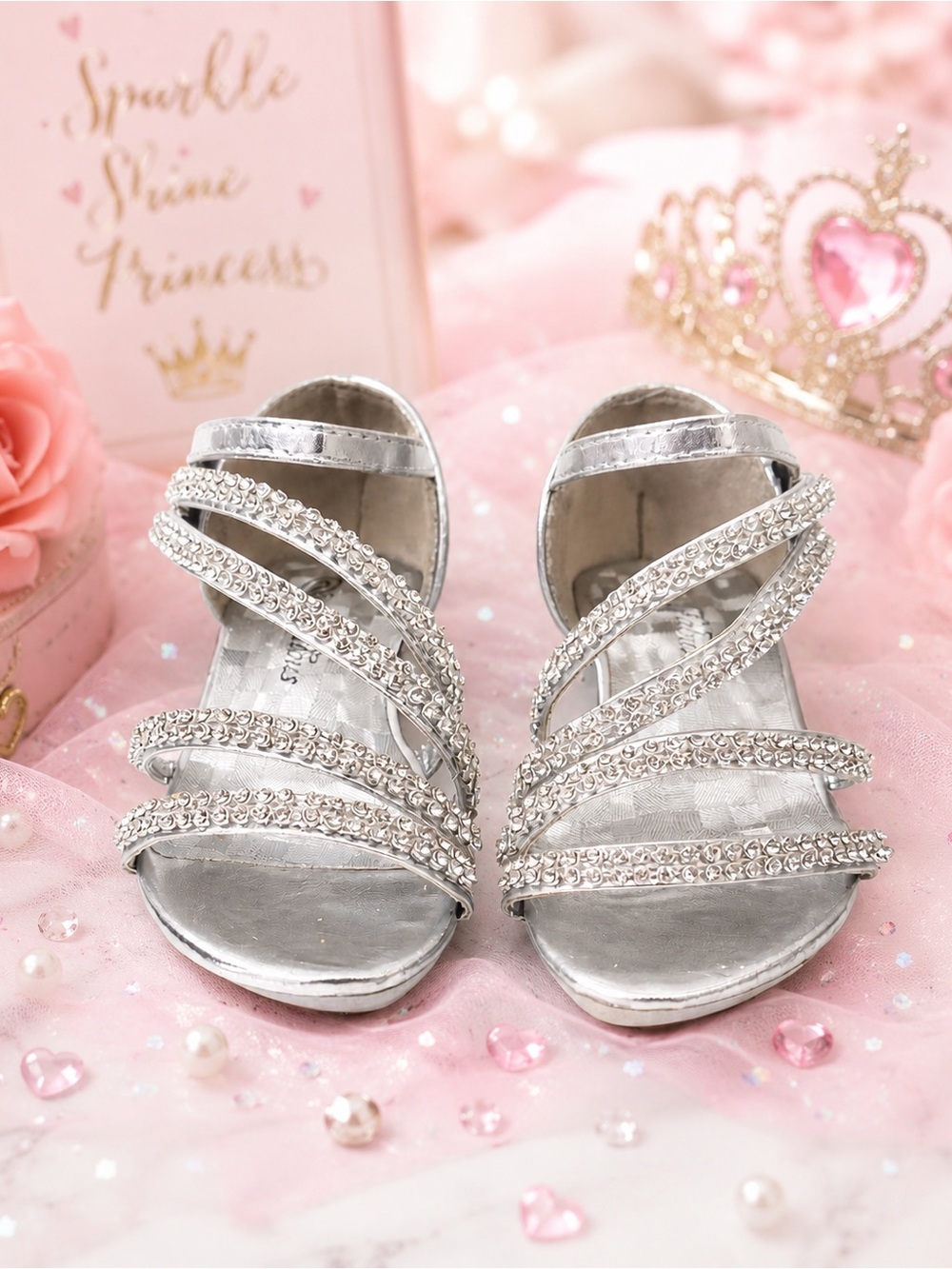 Fabulous Girls Silver Rhinestone Dress Sandals Size 5 Kitten Heel Flower Girl